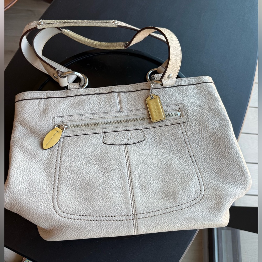 Coach Cream Pebbled Leather Shoulder Bag with Gold Hardware